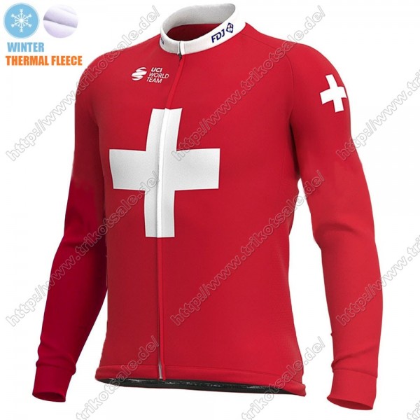 Swiss FDJ Winter Thermal Fleece 2021 Fahrradbekleidung Radtrikot Langarm JZMUK